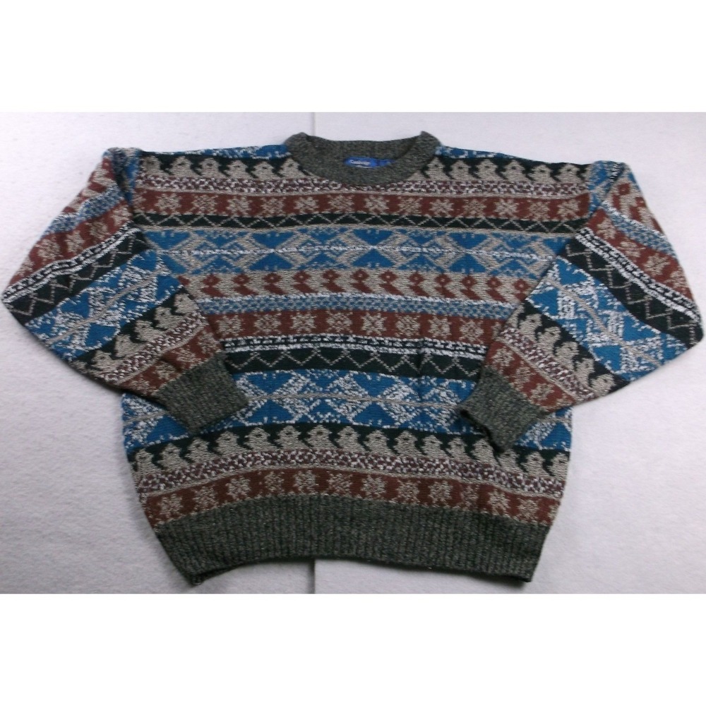 Cambridge Classics Mens Vintage Fair Isle Crewneck Sweater‎ Blue Brown Large